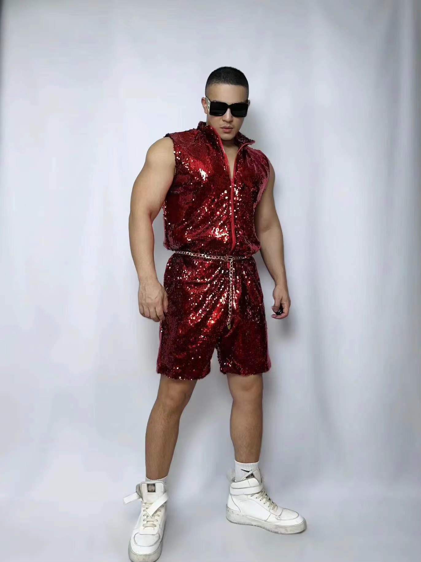 Street Fashion Dance - Fashion Red Glitter Sequins Jumpsuit Hip