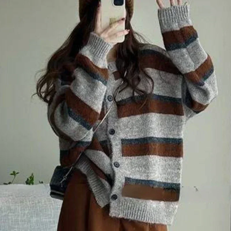 Striped Baggy Cardigan Women K – Street Fashion Korean Girl Bewertung und Preis