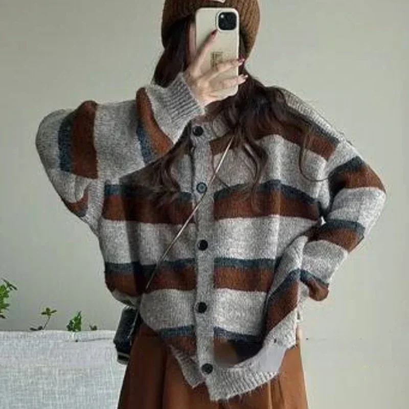 Striped Baggy Cardigan Women K – Street Fashion Korean Girl Bewertung und Preis